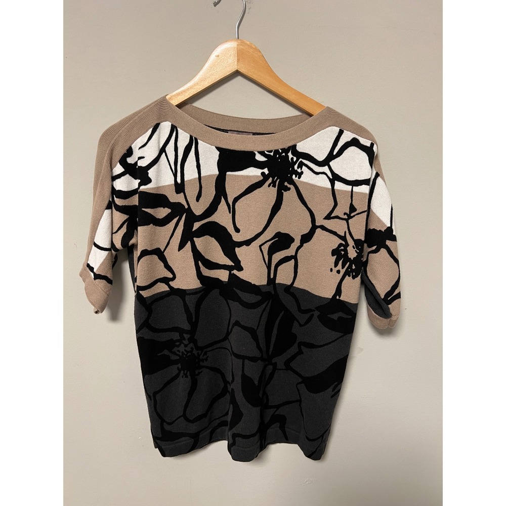 Chico's Floral Knit Top Women 0 Small Tan Black Pre-owned Boat Neck Elbow Sleeve